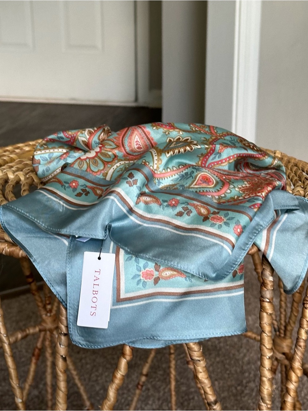 Women’s NWT 100% Silk Scarf Talbots Light Blue & Pink Paisley